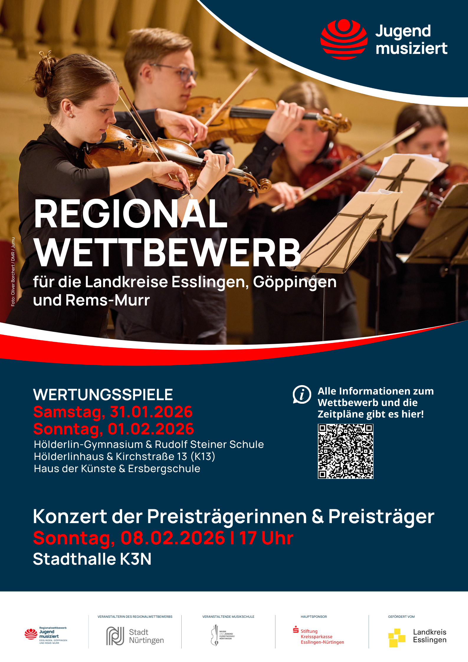 Offizielles Ankündigungs-Plakat Jugend musiziert mit Foto eines Streicher-Ensembles und Infos zu den Wertungsspielen
