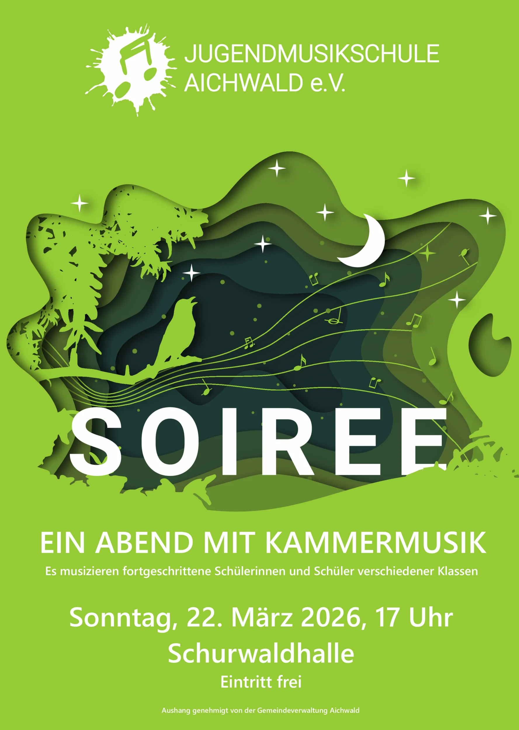 grünes Plakat mit Designmotiven und der Ankündigung der Soirée